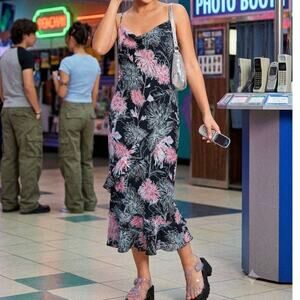 Dress U Vintage Y2K deadstock chrysanthemum flower bias cut floral midi dress